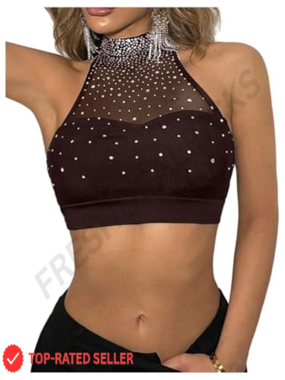 Sleeveless Sheer Mesh Halter Crop Tank Top Rhinestone Party Top
